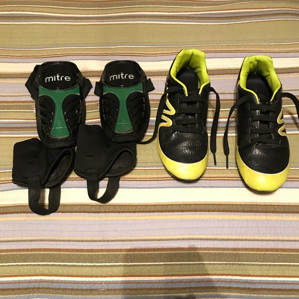 Soccer cleats, size 6 and shin guards